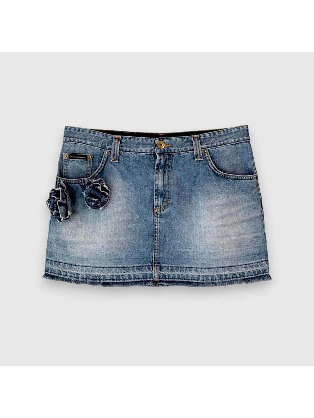 D&G Dolce & Gabbana Denim Mini Skirt with Pocket Rosettes—28" waist